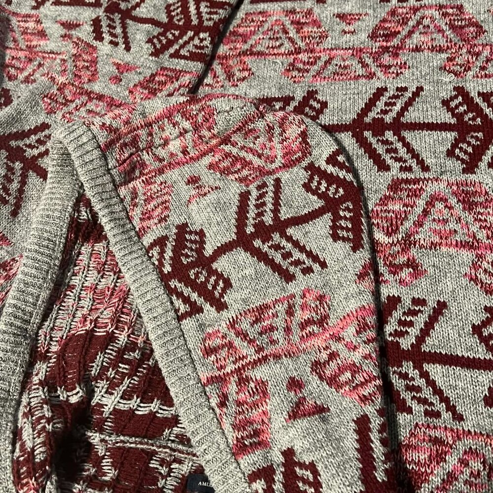 American Eagle Hooded Sweater Grey Cranberry Pink 100% Cotton Size S - Picture 9 of 14